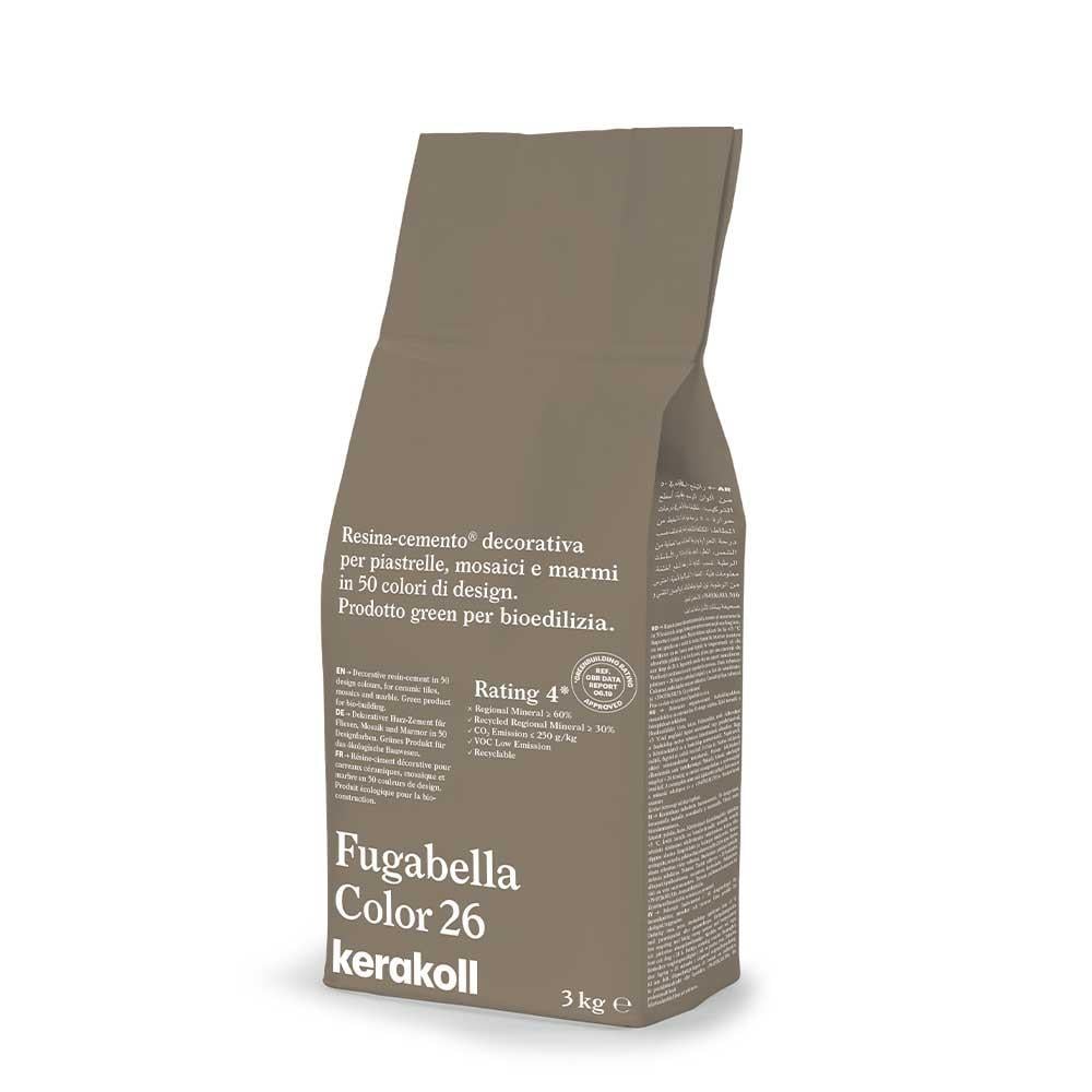 A matte brown paper bag of fugabella resin cement grout color 26 by kerakoll for decorative tiles and mosaics