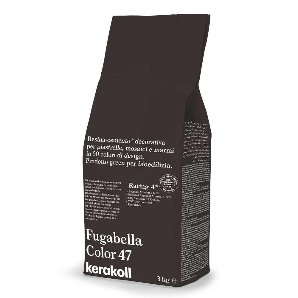 Dark brown paper bag of Kerakoll fugabella resin cement grout color 47 with white text and rating seal