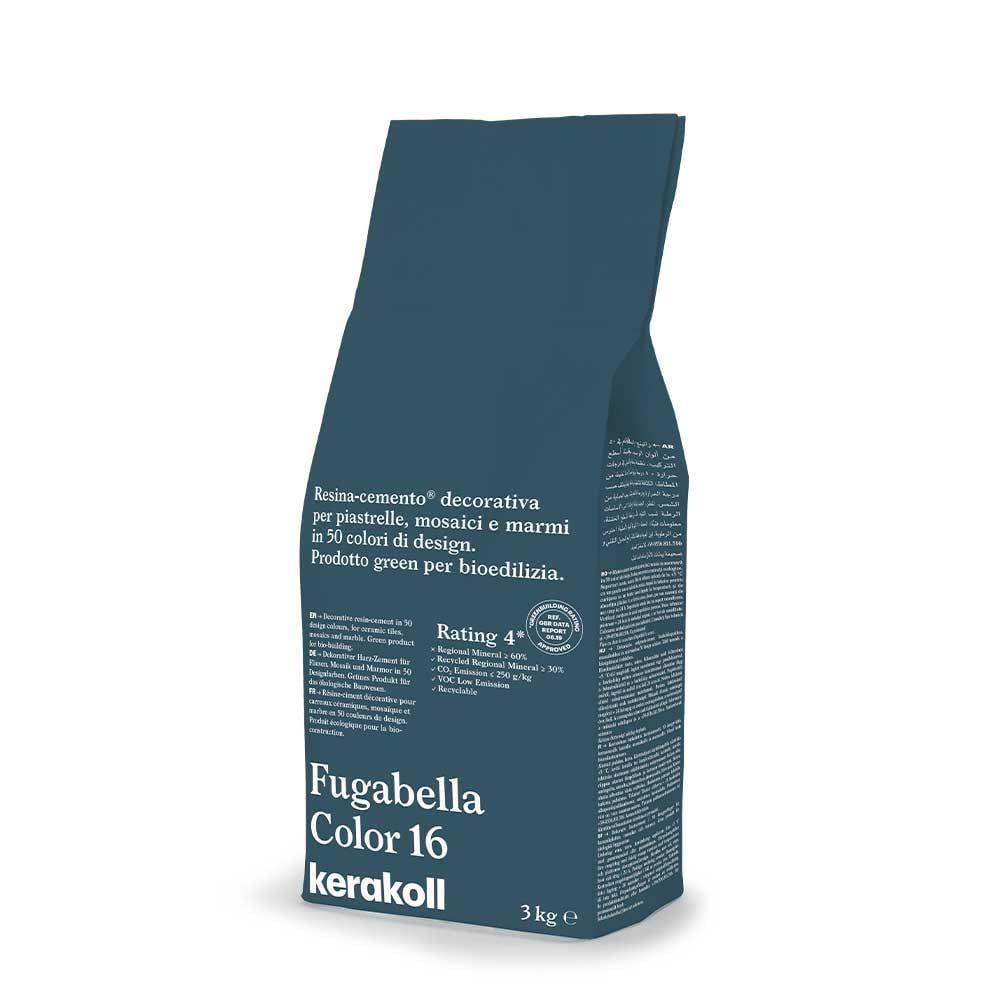 Dark teal paper bag of fugabella resin cement grout color 16 by kerakoll with white text and rating badge