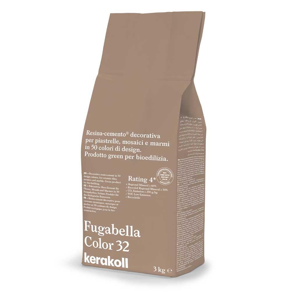 Brown paper bag of kerakoll fugabella resin cement grout color 32 with 3kg decorative resin-cement for tiles and mosaics