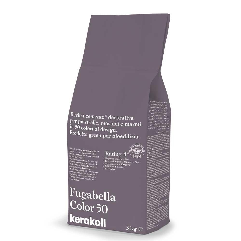 A matte gray bag of Kerakoll fugabella resin cement grout in color 50 for decorative mosaic and marble applications