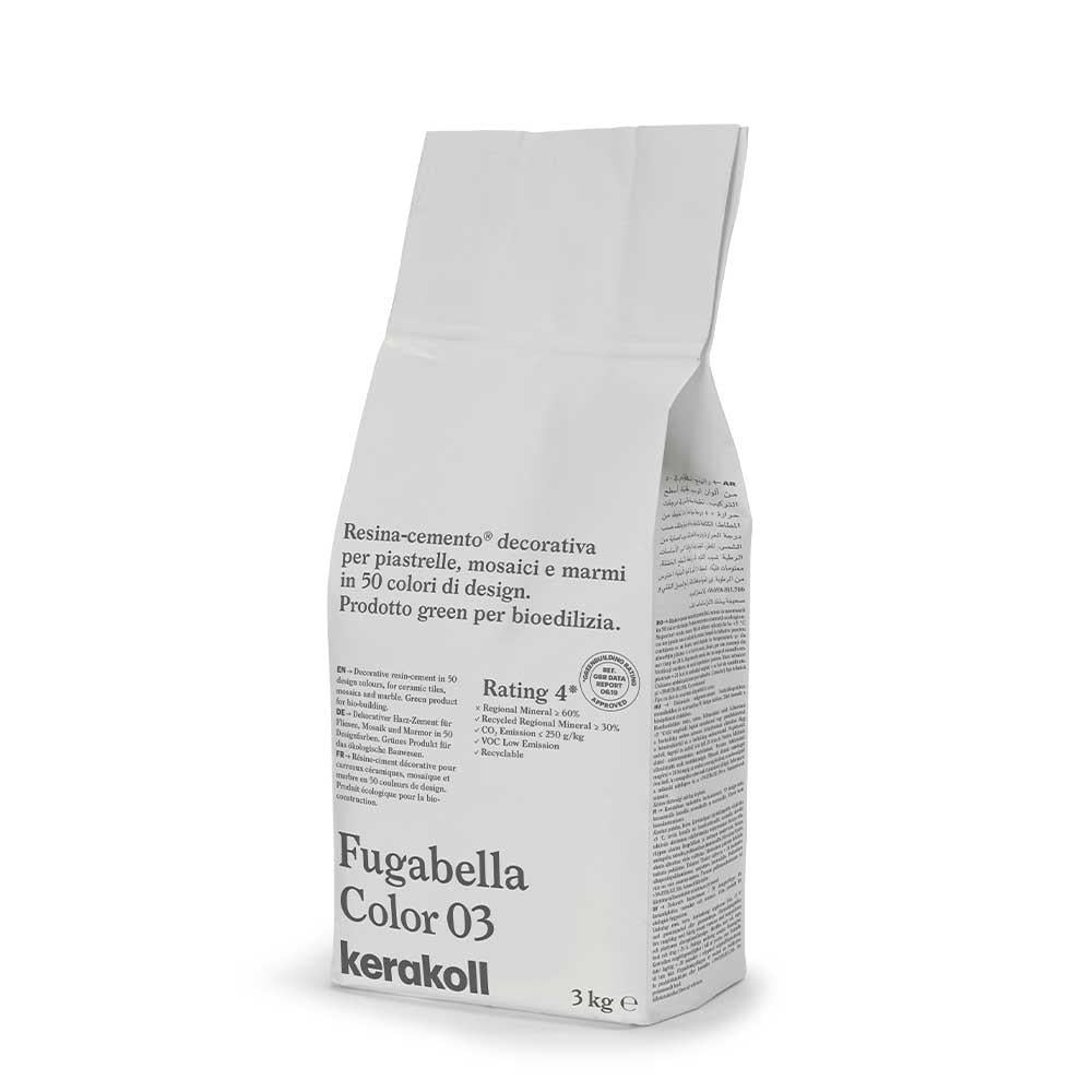 White paper bag of kerakoll fugabella resin cement grout color 03 decorative resin for bio-dilution green product