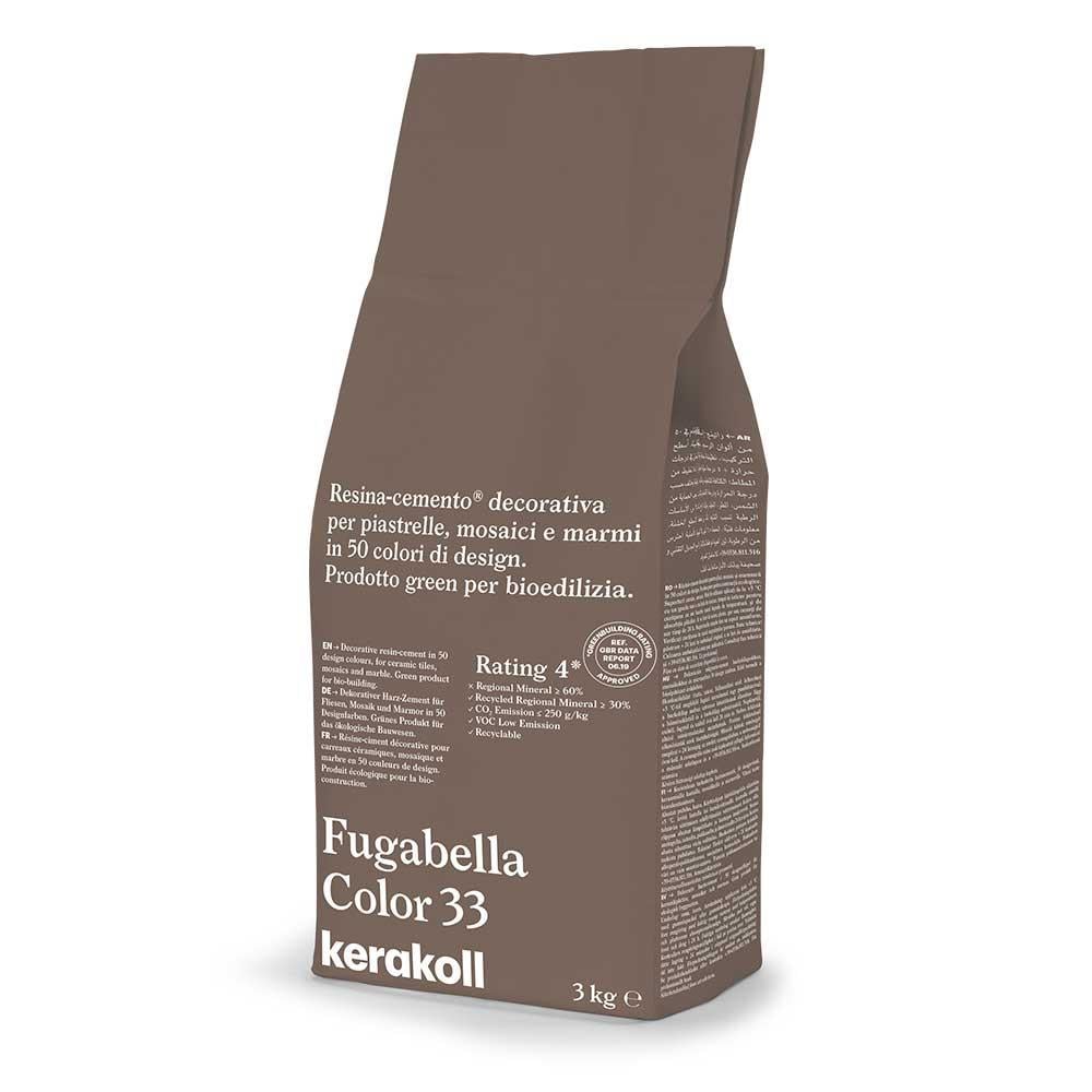 Brown paper bag of kerakoll fugabella resin cement grout color 33 decorative resin cement for tiles, mosaics, and marble