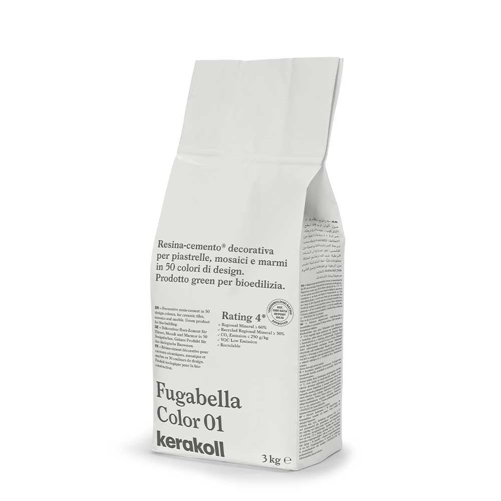 White paper bag labeled fugabella color 01 by kerakoll containing 3kg decorative resin cement grout for tiles and masonry