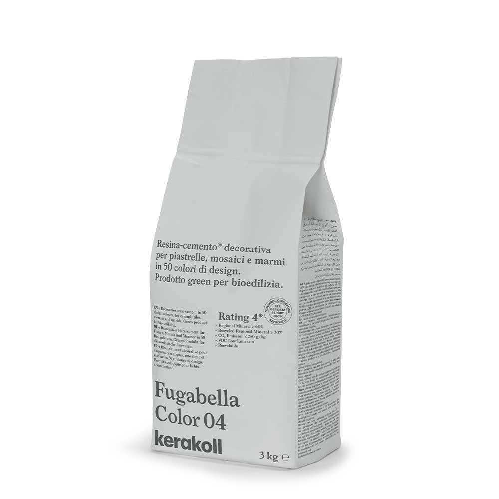 A sleek white bag of Kerakoll Fugabella color 04 decorative resin cement grout for tiles and stone