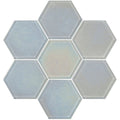 Futura dichroic hexagon mosaic tile with a soft iridescent finish in muted blue and gray tones