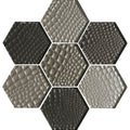 Futura sepia hexagon mosaic tiles with textured reptile skin pattern in varying shades of gray and black