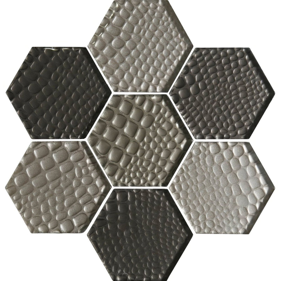 Futura sepia hexagon mosaic tiles with textured reptile skin pattern in varying shades of gray and black