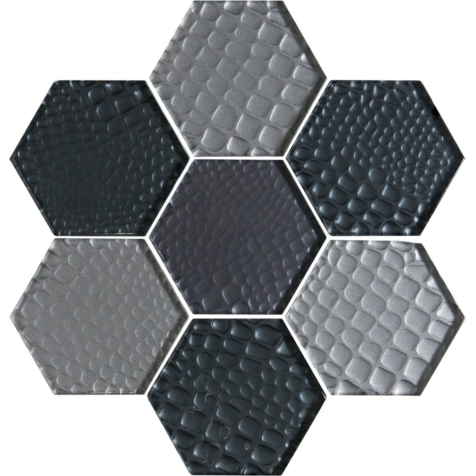 Futura Zirconia hexagon mosaic tiles in matte black and metallic silver with a textured pebbled surface