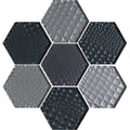 Futura Zirconia hexagon mosaic tiles in matte black and metallic silver with a textured pebbled surface