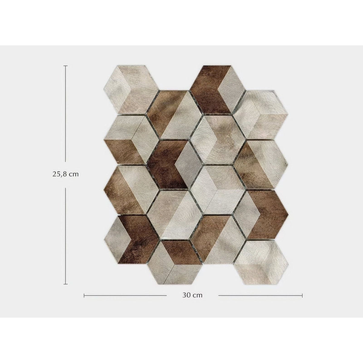 Future amber mosaic hexagonal tile panel with metallic silver and earthy brown tones textured matte and brushed finishes