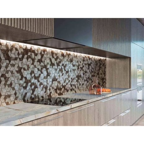 Modern future amber mosaic hexagonal tile backsplash with 3d geometric pattern in gray black and metallic silver
