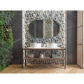 Future Emerald Mosaic grey, black and brown hexagon mosaic with a dark wood double-sink vanity