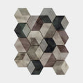 Hexagonal future emerald mosaic tile panel with interlocking gray black and brown pieces featuring textured patterns