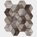 Future Quartz mosaic hexagonal tile with metallic silver and dark gray finish featuring textured linear grooves