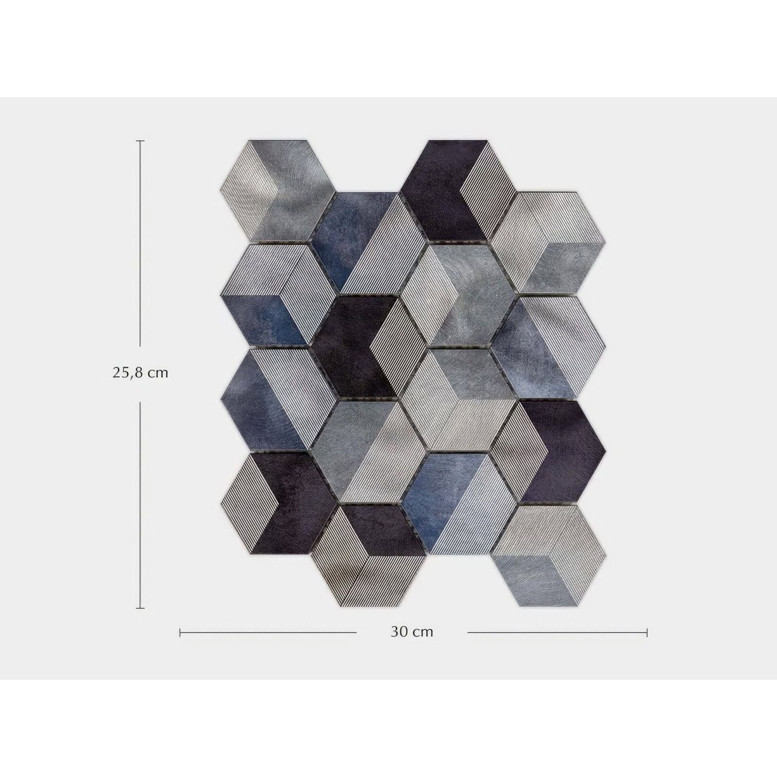 Future Sapphire Mosaic grey, blue and black hexagon mosaic panel with a 3D geometric design