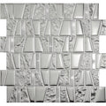 Silver metallic galactic mirror mosaic tile with smooth reflective glass and textured stone pieces in geometric pattern