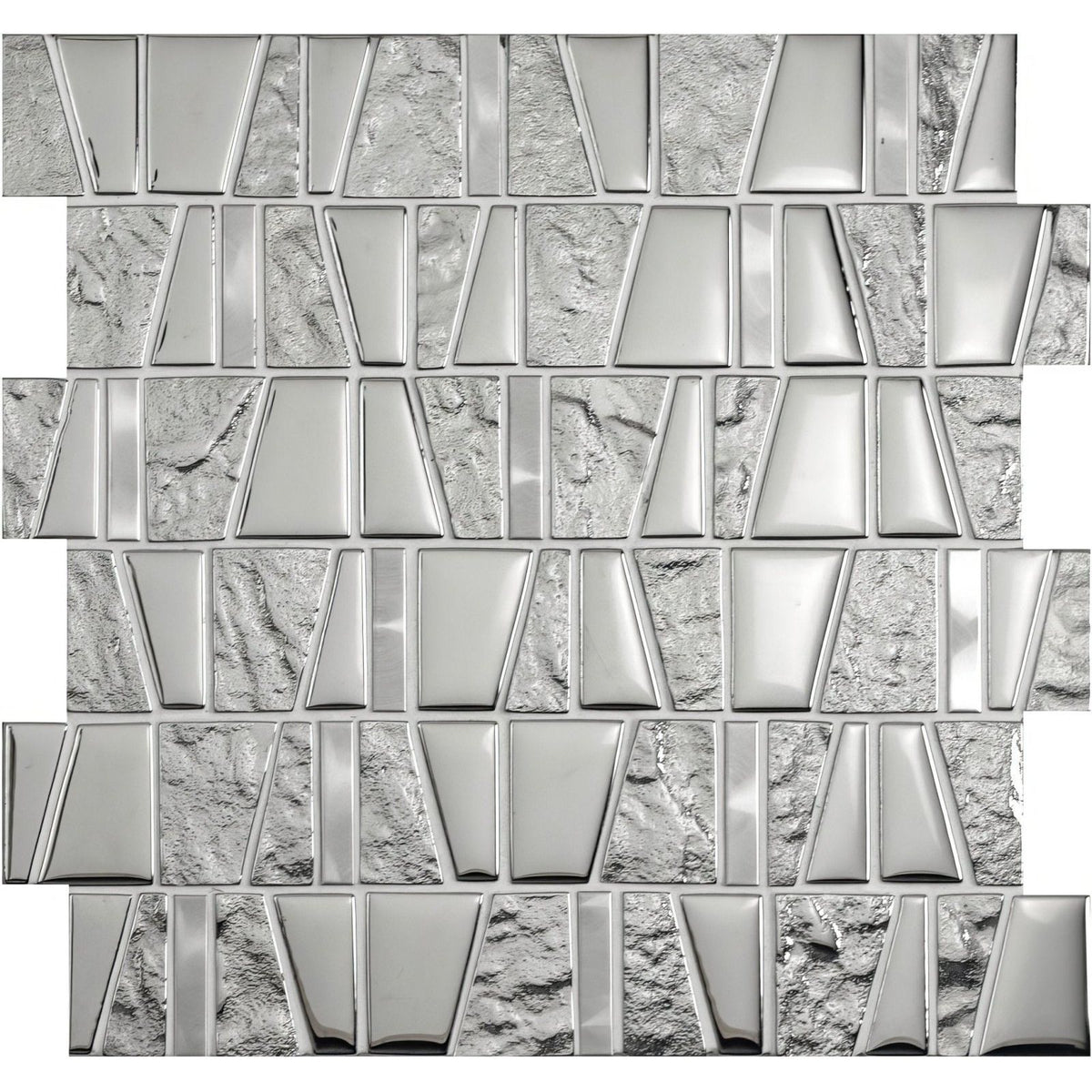 Silver metallic galactic mirror mosaic tile with smooth reflective glass and textured stone pieces in geometric pattern