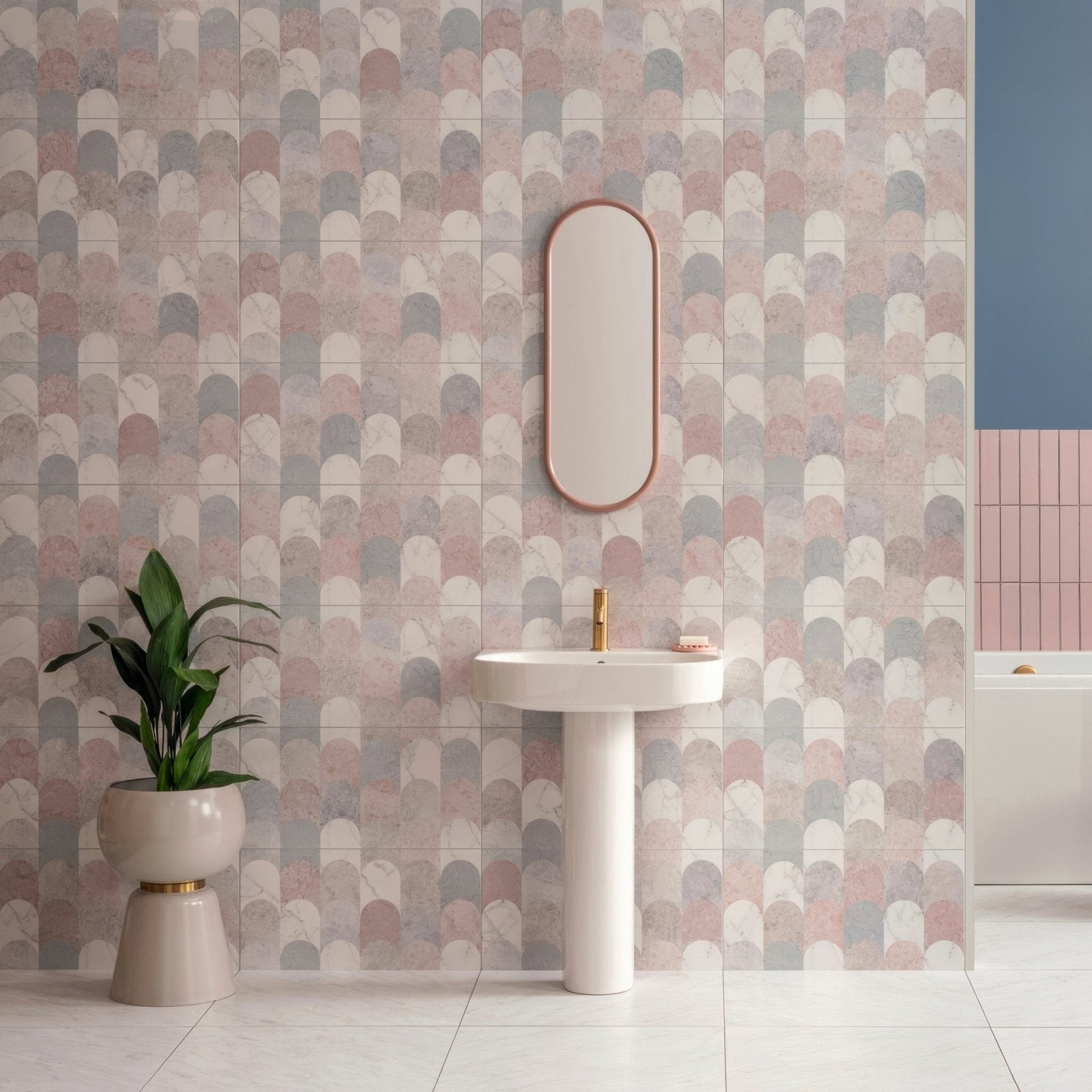 White pedestal sink galana 600 x 600mm with gold faucet featuring durable ceramic material for bathroom use