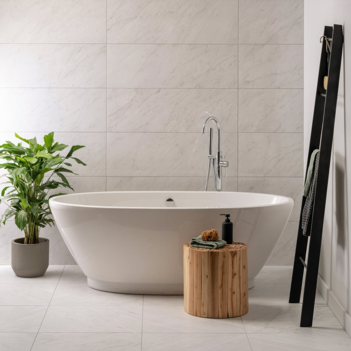 Galana Gloss 1000 x 330mm white marble-effect tiles with a freestanding bathtub