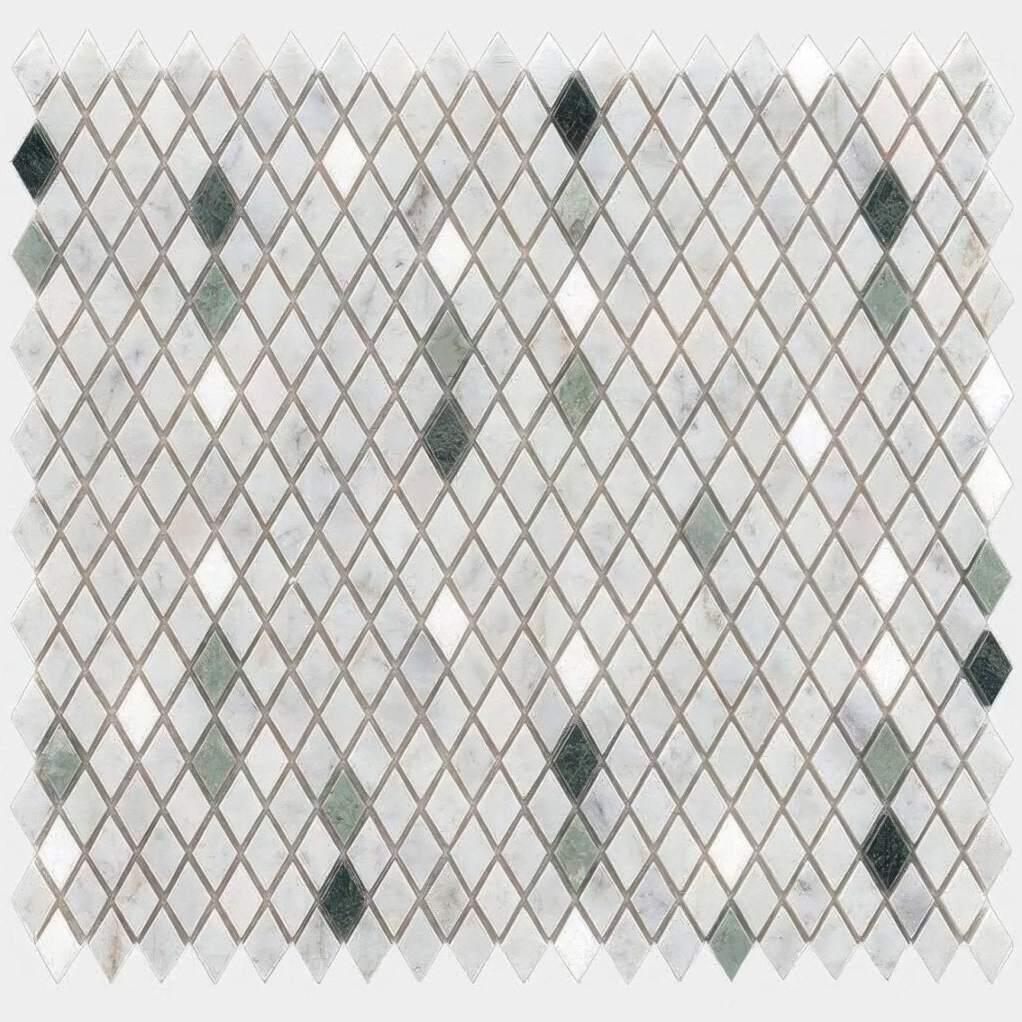 Gem greens mosaic diamond-patterned tile with white and gray marble and greenish-gray diamond accents in diagonal rows