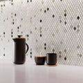 Gem Greens Mosaic white, grey and green marble diamond mosaic with a black ceramic french press