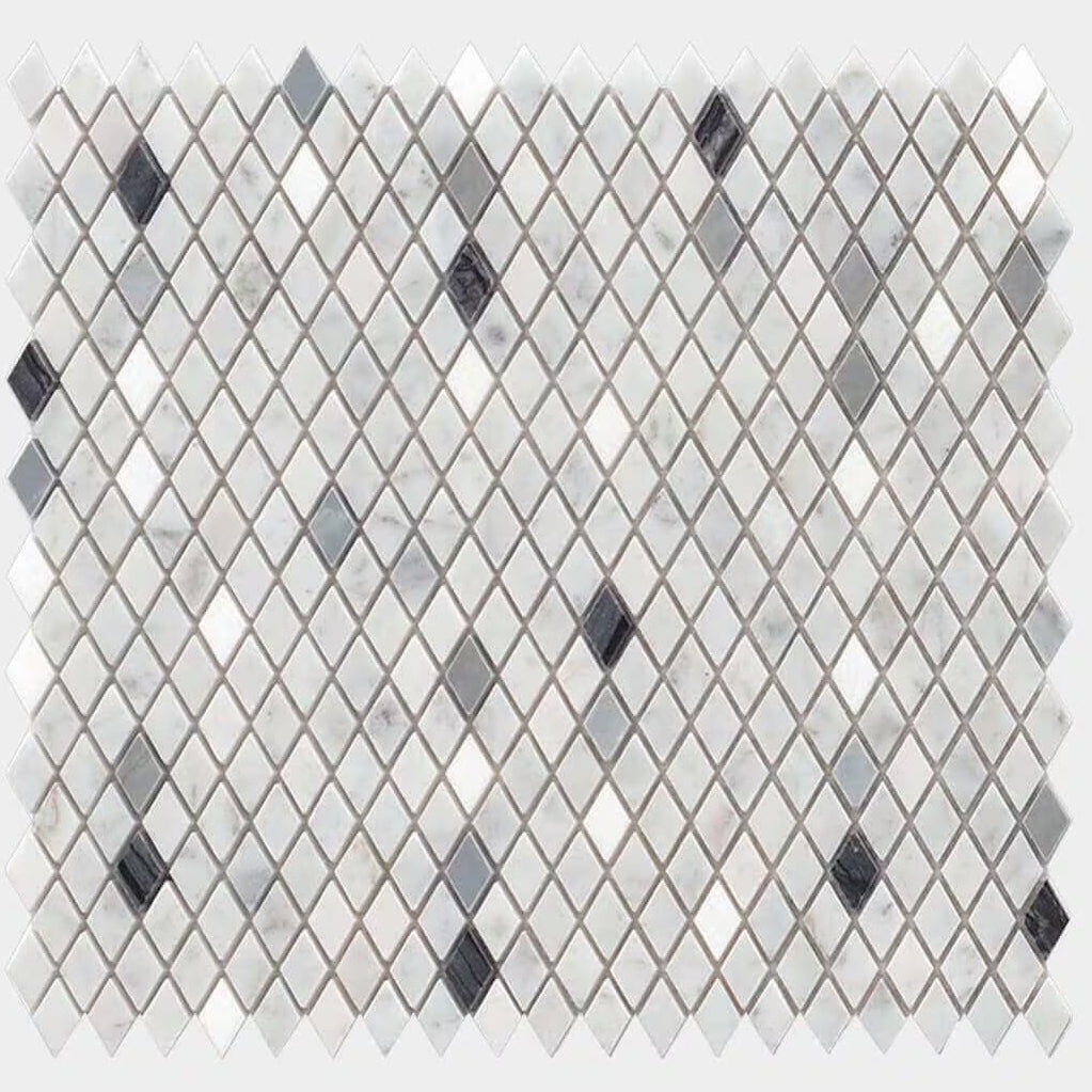 Diamond-shaped gem greys mosaic tile in white and black marble with subtle gray veining pattern