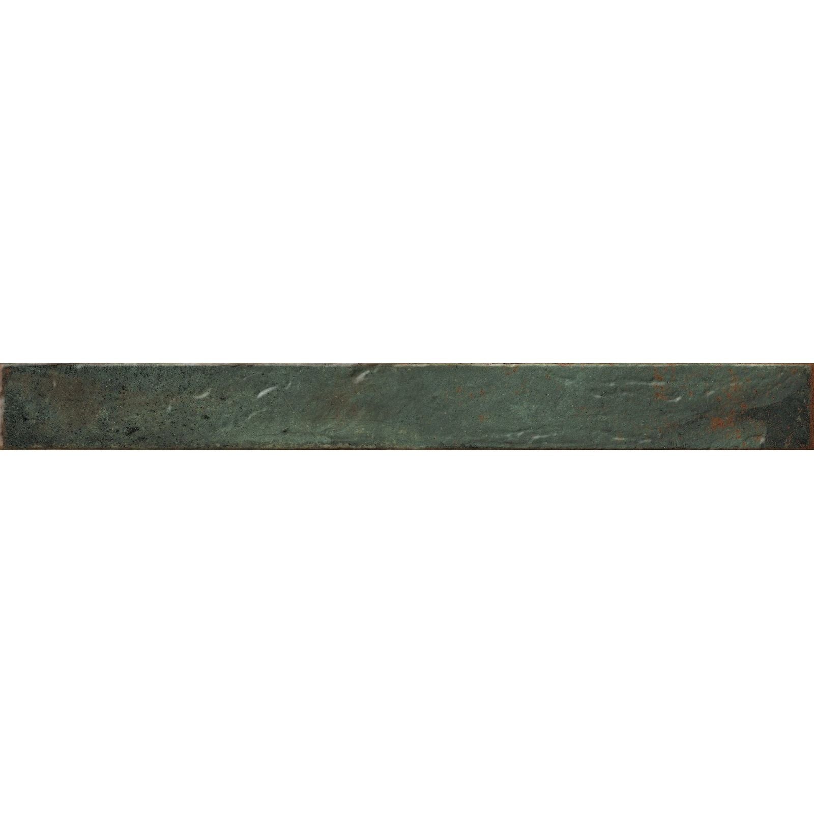 A rectangular genesi green brillo ceramic tile in dark green with a textured surface and subtle tone variations