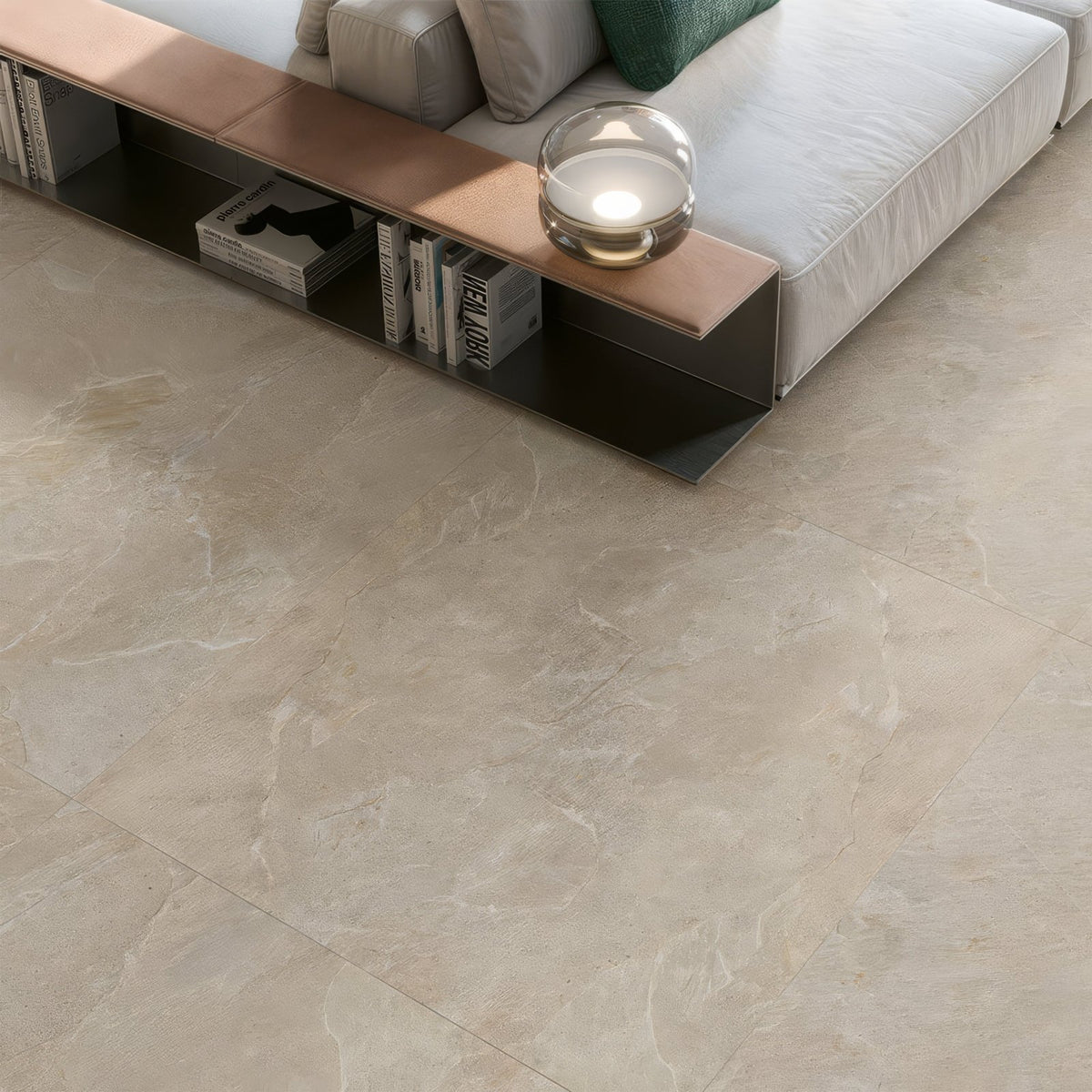 Genesis Beige Matt Porcelain 120 x 120cm beige marble-effect porcelain floor tile with subtle veining and a matt finish