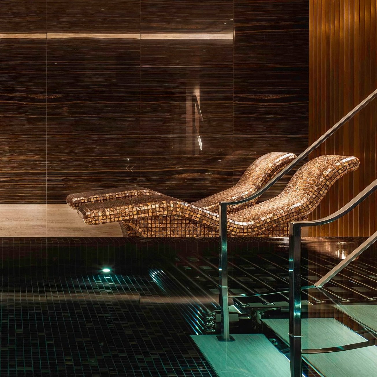 Gentle Earth 25mm Square gold mosaic on a curved lounge chair