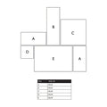 Giotto chalk tile layout diagram showing five different tile sizes labeled a to e with dimensions in centimeters