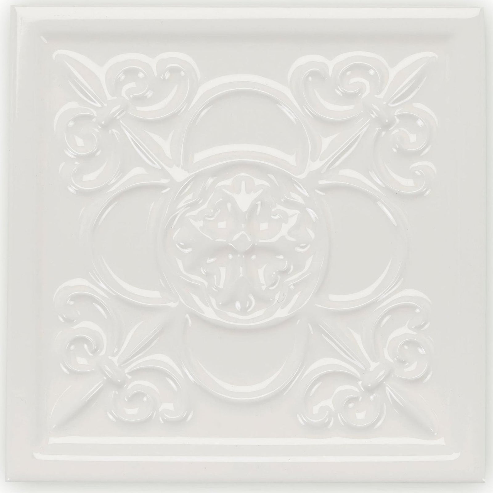 White ceramic ceiling tile giralda cascara cream with raised ornate floral and scrollwork design