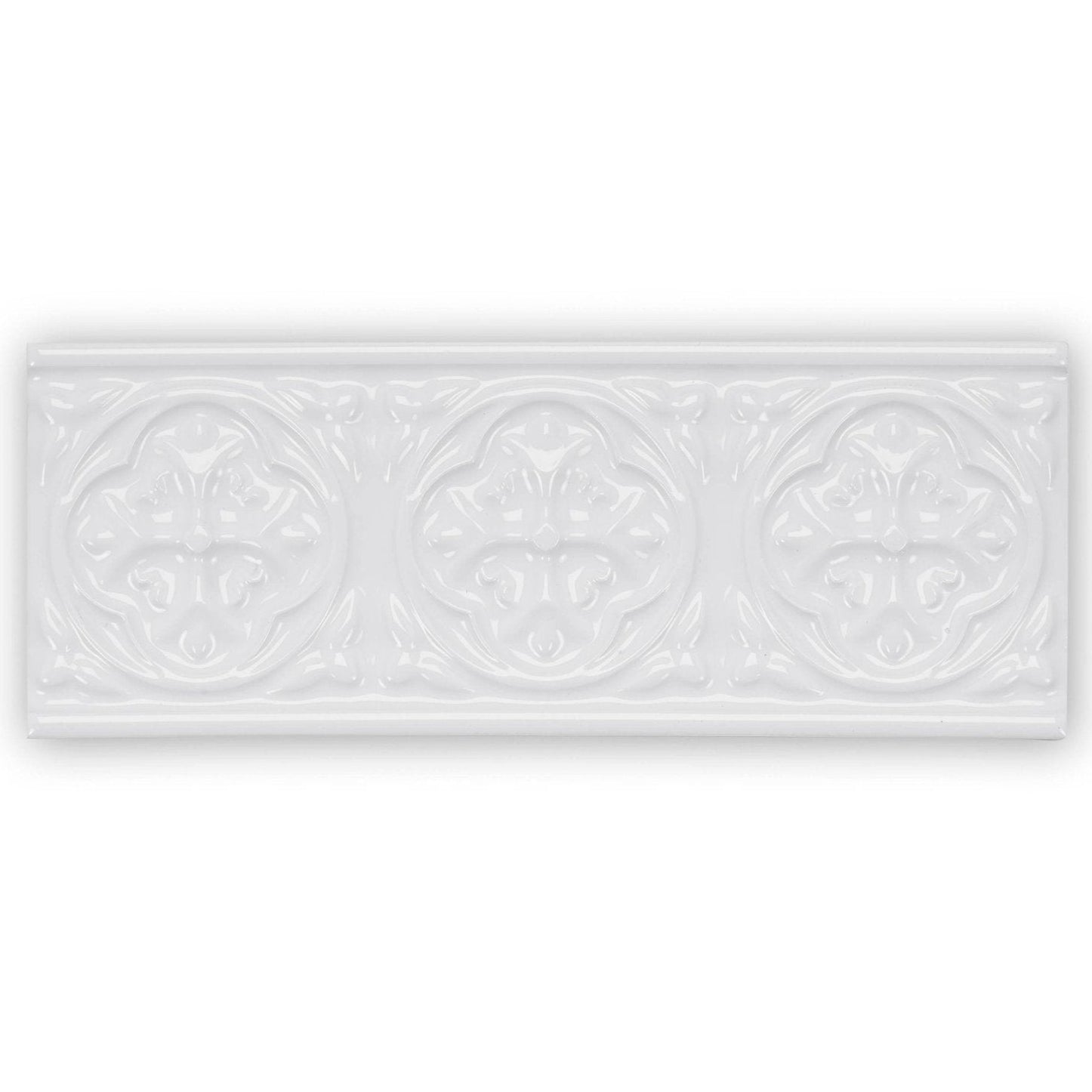 White ceramic tile giralda hielo white border with three embossed floral medallions for decorative use