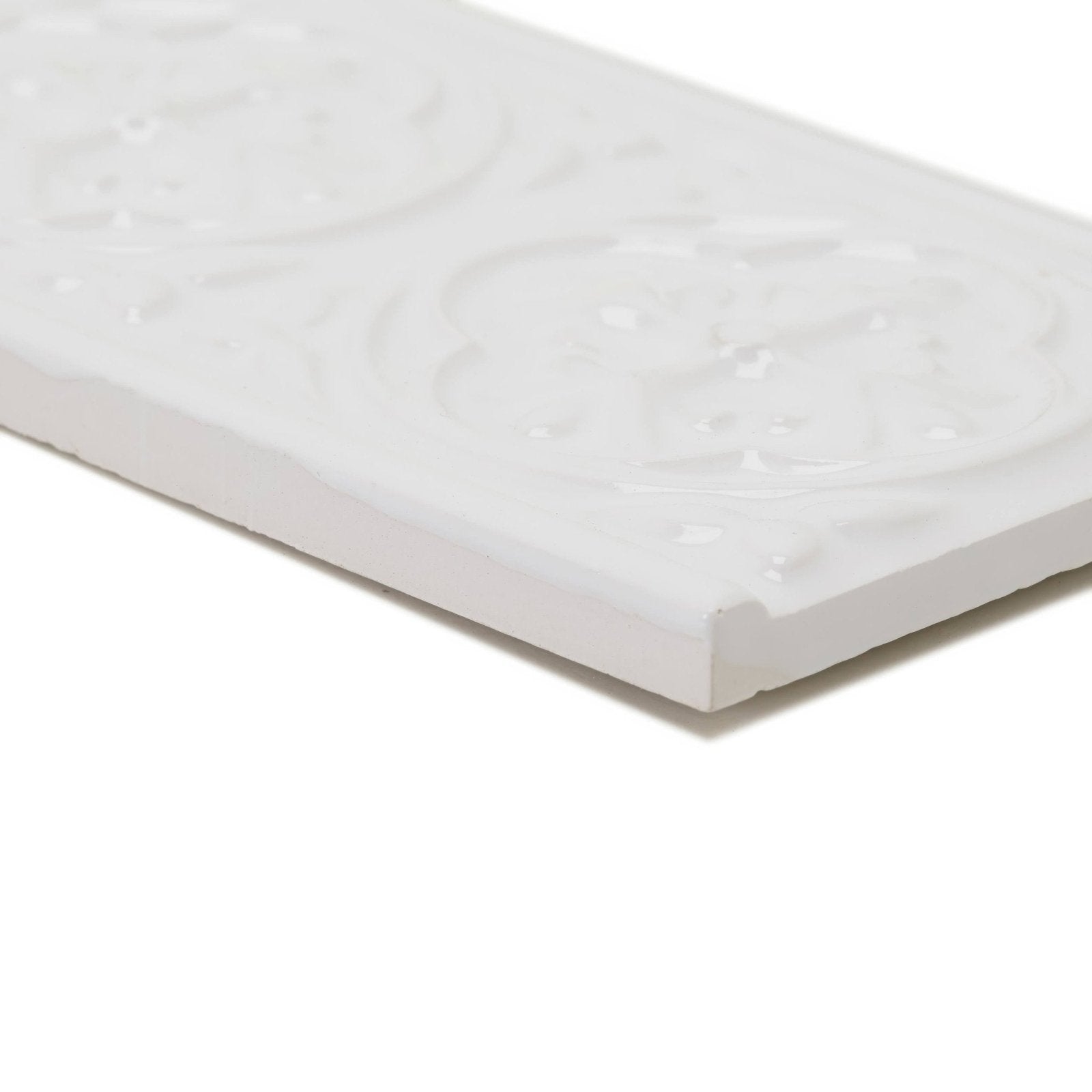 White ceramic tile giralda hielo white border with embossed floral pattern for decorative wall applications