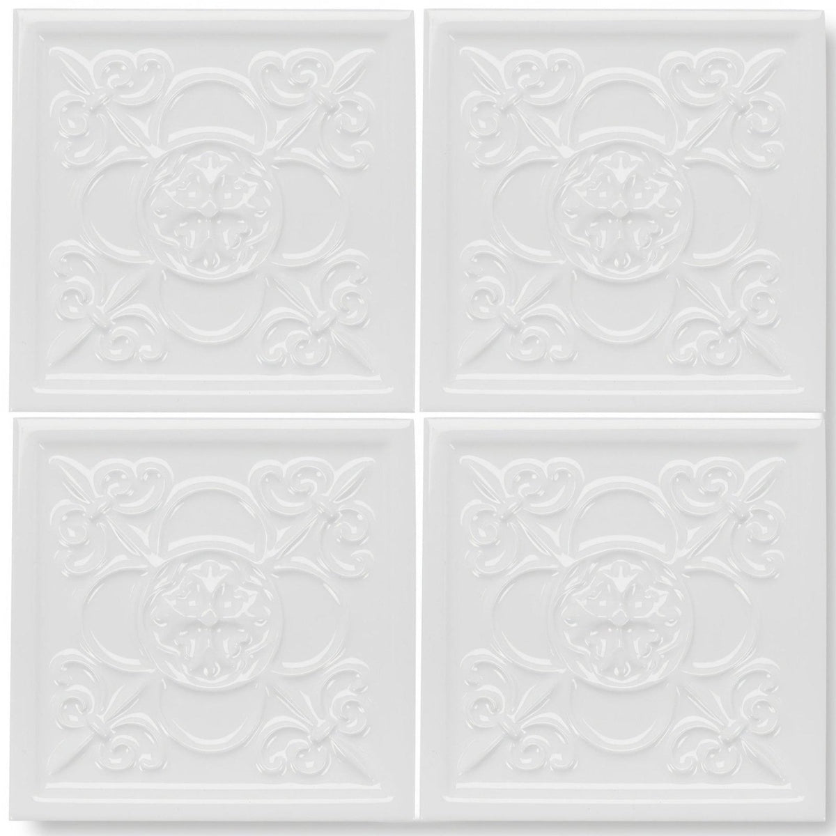 White ceramic ceiling tiles giralda hielo with raised floral and scrollwork patterns for decorative use
