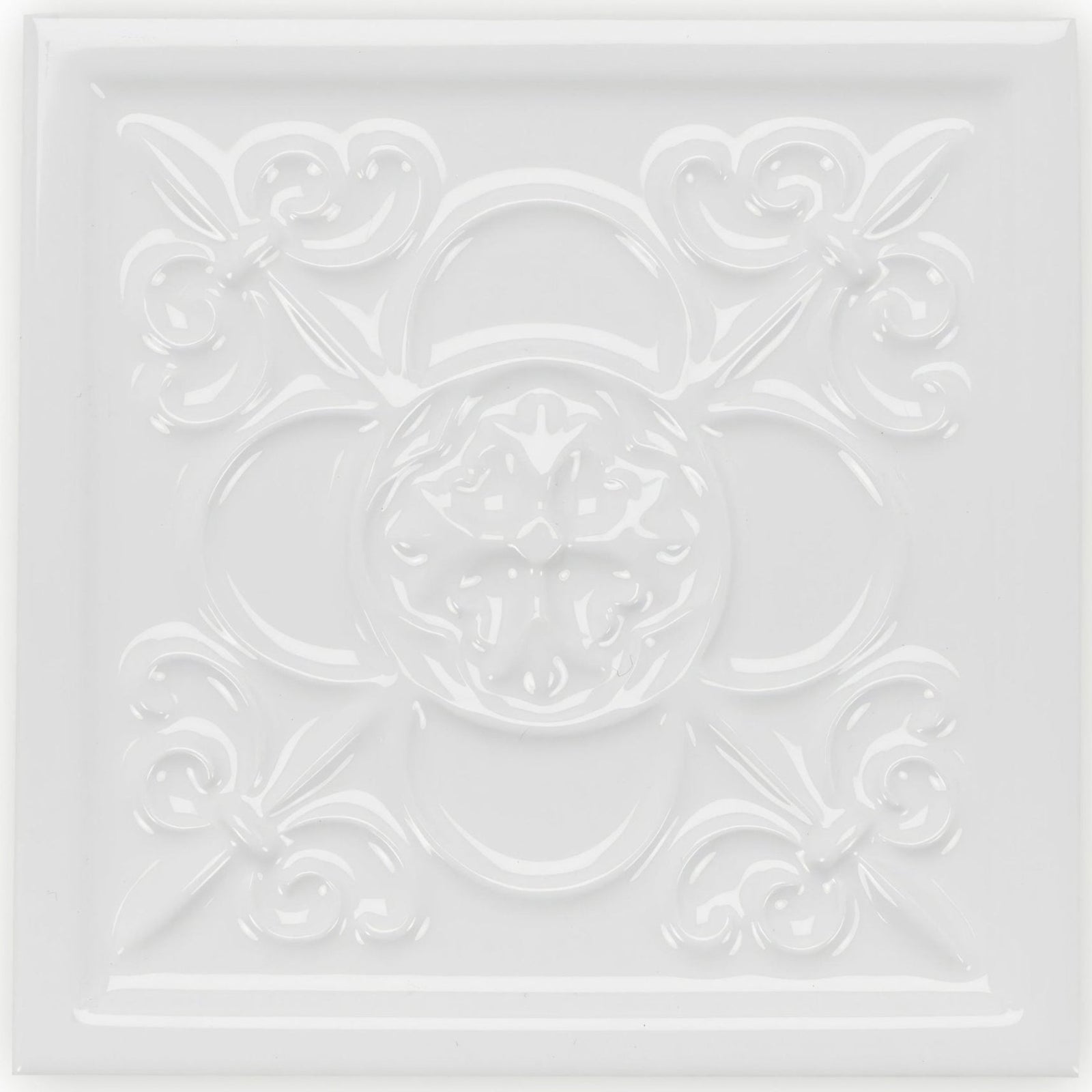 White ceramic ceiling tile with raised floral and scrollwork design giralda hielo white decor tile