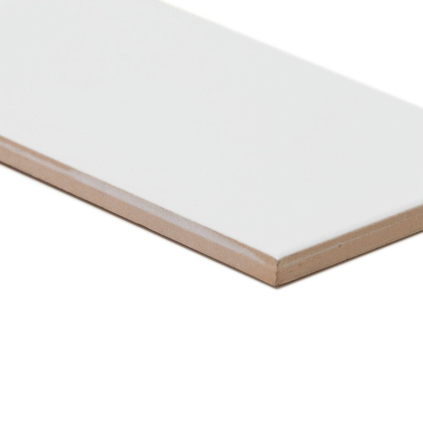 Giralda hielo white tile showing white ceramic smooth glossy surface with visible brown wood backing on the back side