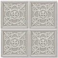 Set of four light gray ceramic giralda niebla grey decor tiles with raised ornate floral and scrollwork patterns