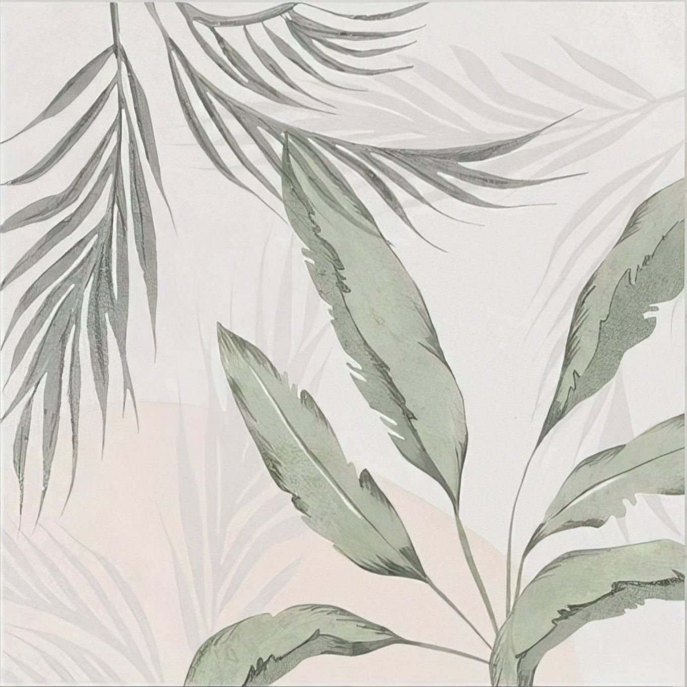 Glass House Porcelain wallpaper featuring delicate watercolor palm fronds in soft sage green and gray on cream background
