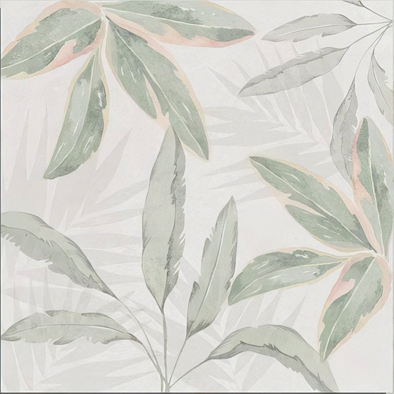 Glass house porcelain wallpaper with delicate watercolor leaf pattern in soft sage green and pale pink on off-white background