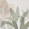 Glass house porcelain wall mural with soft layered botanical translucent green and beige leaves on textured off-white background