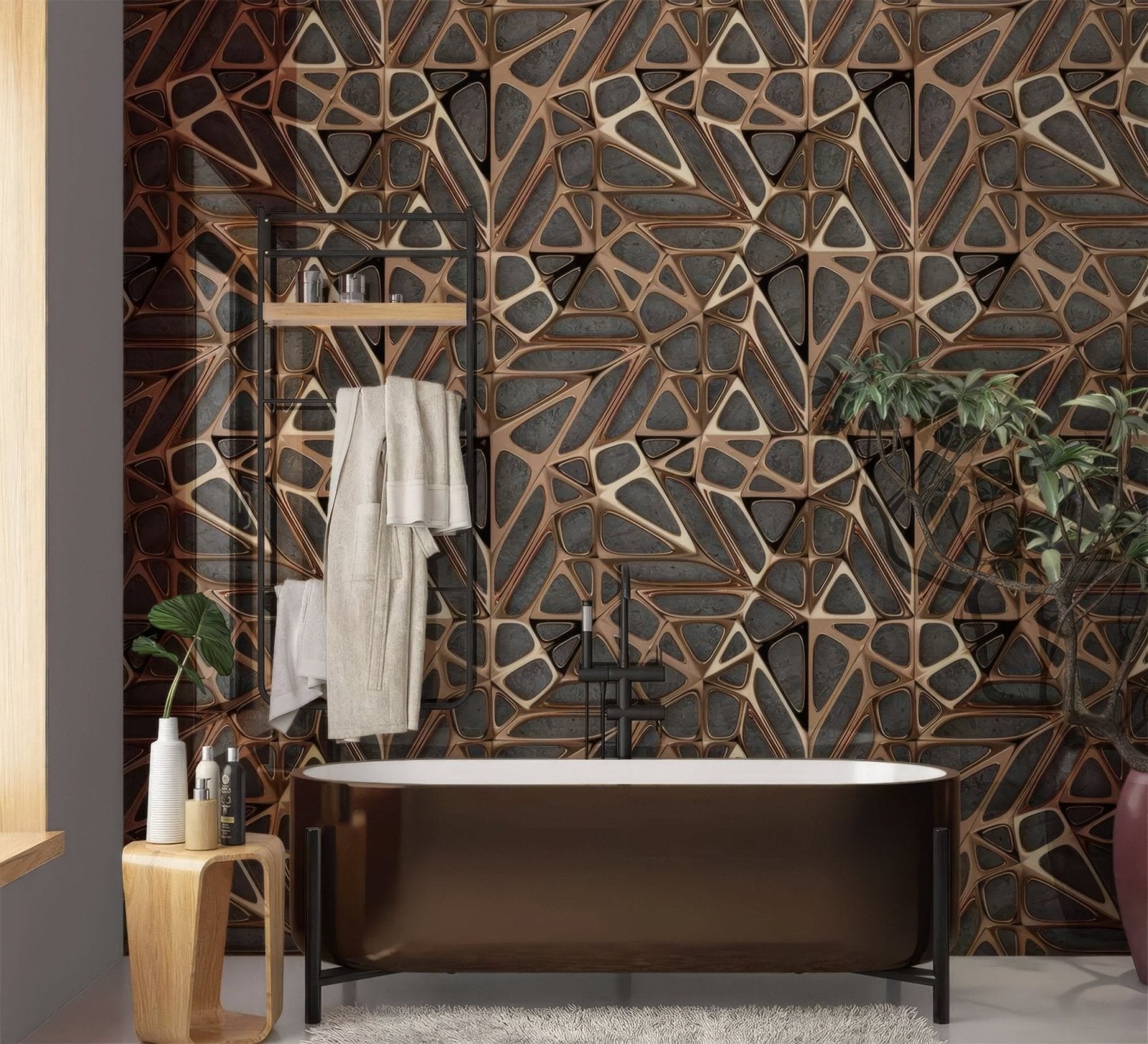 Gold Copper Lattice Grid on Concrete Shower Panel