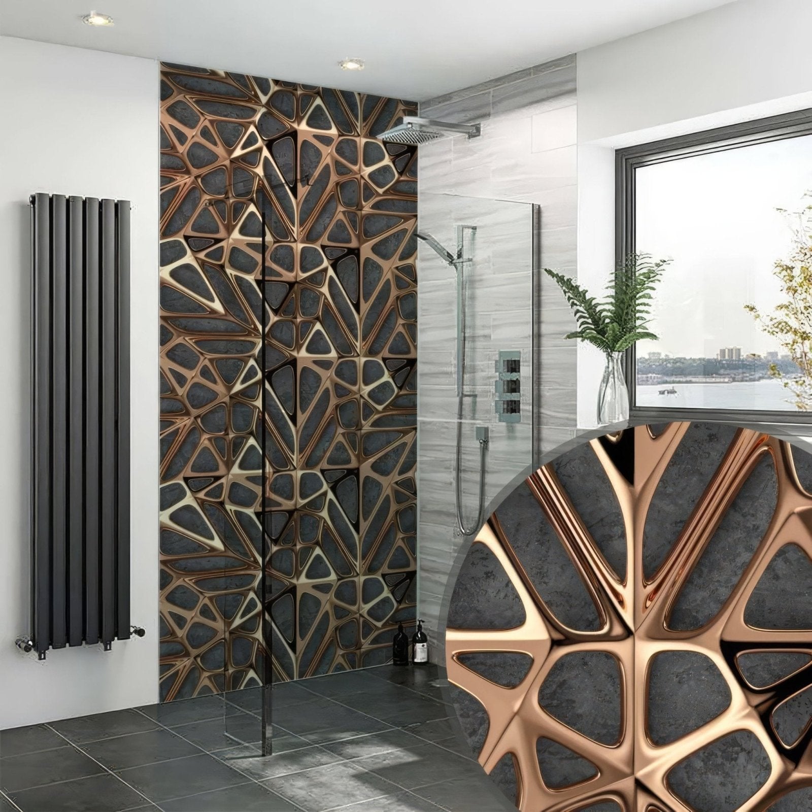 Gold copper lattice grid concrete shower panel featuring copper and black geometric textured wall design
