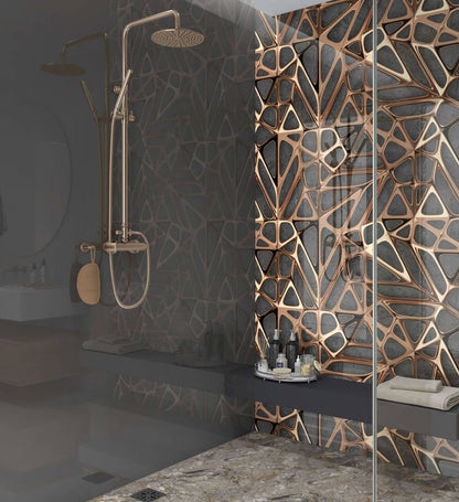 Gold Copper Lattice Grid on Concrete Shower Panel
