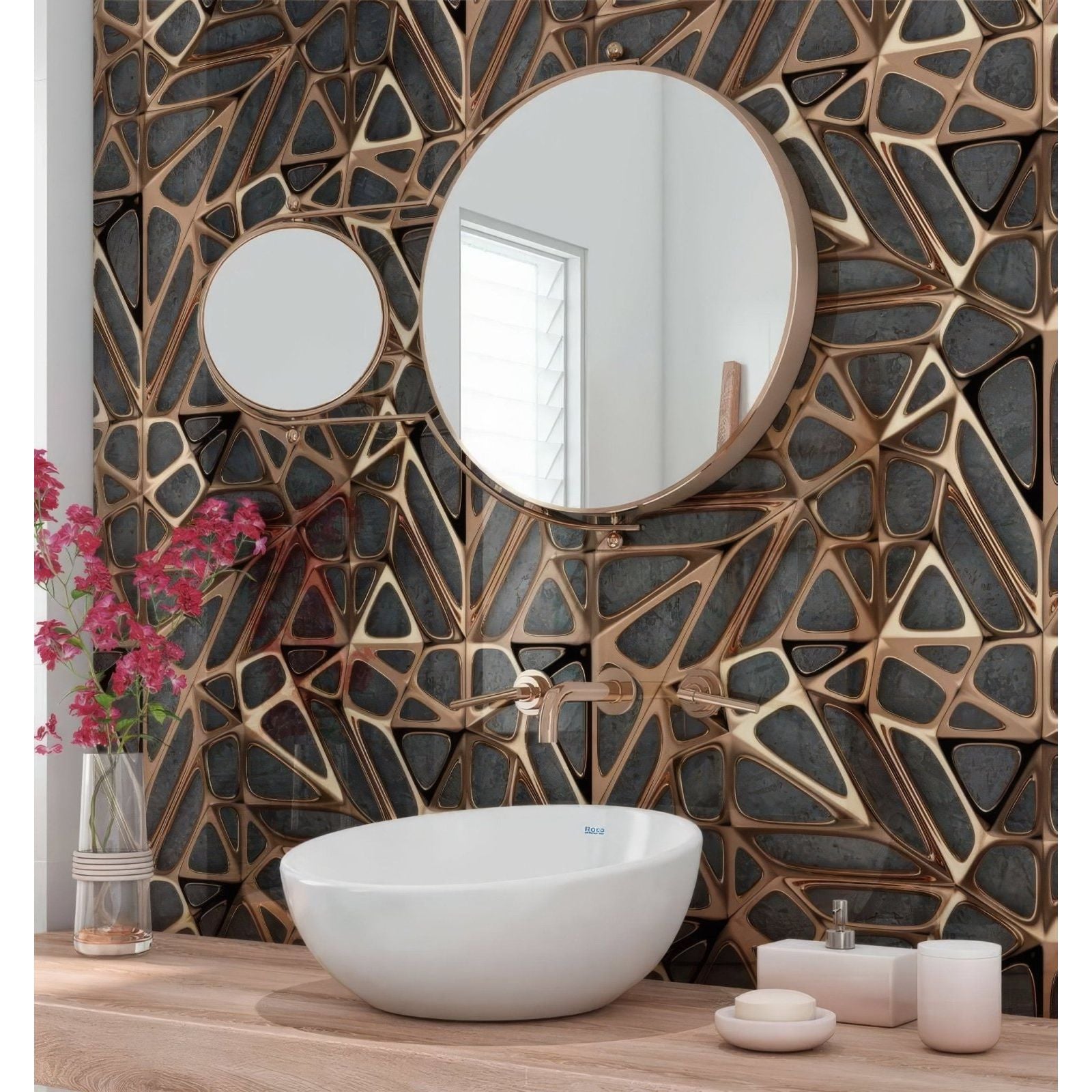 White ceramic vessel sink with sleek modern design and smooth surface on gold copper lattice grid concrete shower panel