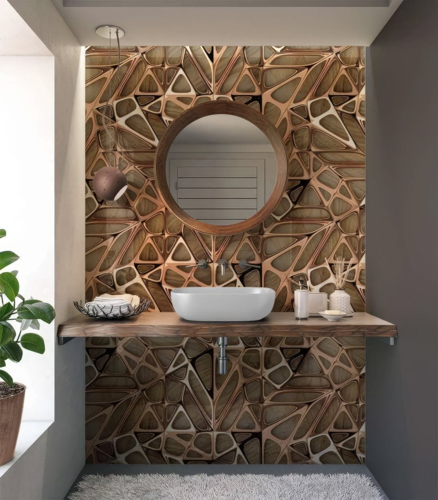 Gold Copper Lattice Grid on Wood Shower Panel