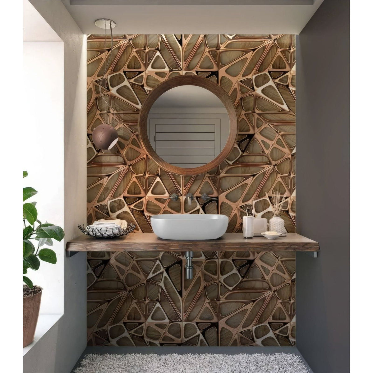 The gold copper lattice grid on wood shower panel features a geometric wood accent wall with warm brown tones and a round mirror