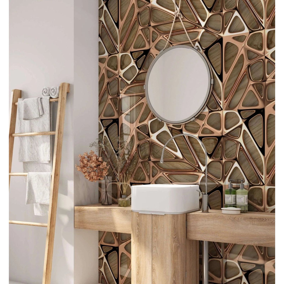 Round silver-framed mirror hanging above white ceramic sink with gold copper lattice grid on wood shower panel