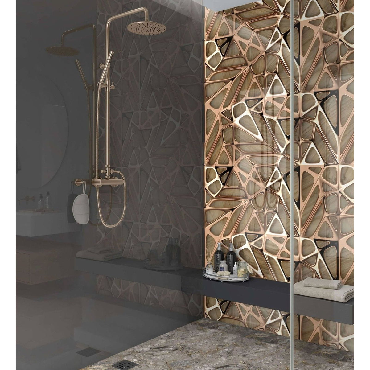 Geometric rose gold accent wall panel with modern abstract lattice design in wood for shower use