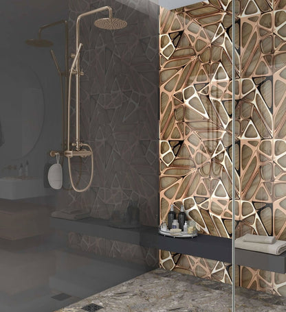 Gold Copper Lattice Grid on Wood Shower Panel